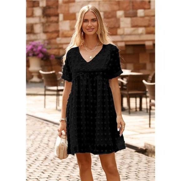 Casual V Neck Short Sleeve Swiss Dot Ruffle Loose Flowy Mini Babydoll Dress - Picture 3 of 7